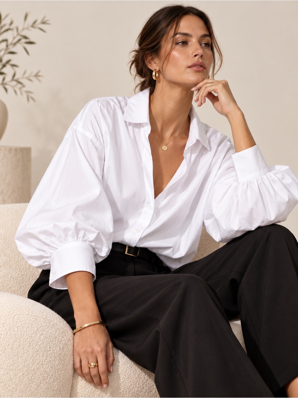 NEW Brochu Walker Kate Shirt Salt White Button Down Balloon Sleeve Blouse